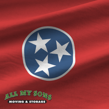 red tennessee state flag with three white stars in blue circle