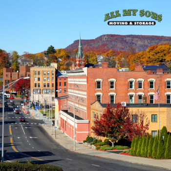 buildings along main street in downtown stratford, connecticut during fall