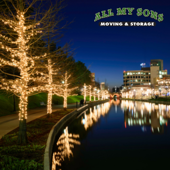 A canal in The Woodlands lit up with holiday lights