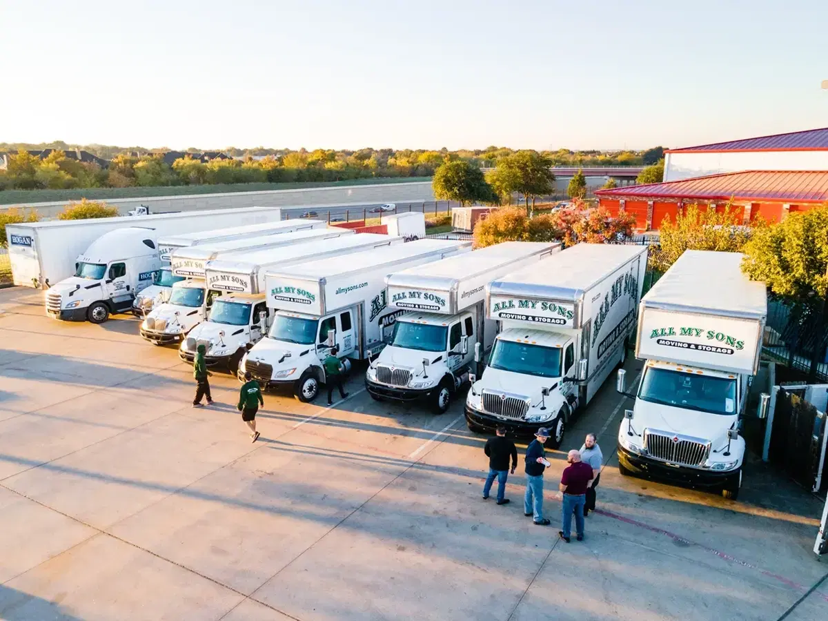All My Sons moving trucks lined up ready to help customers make their move.